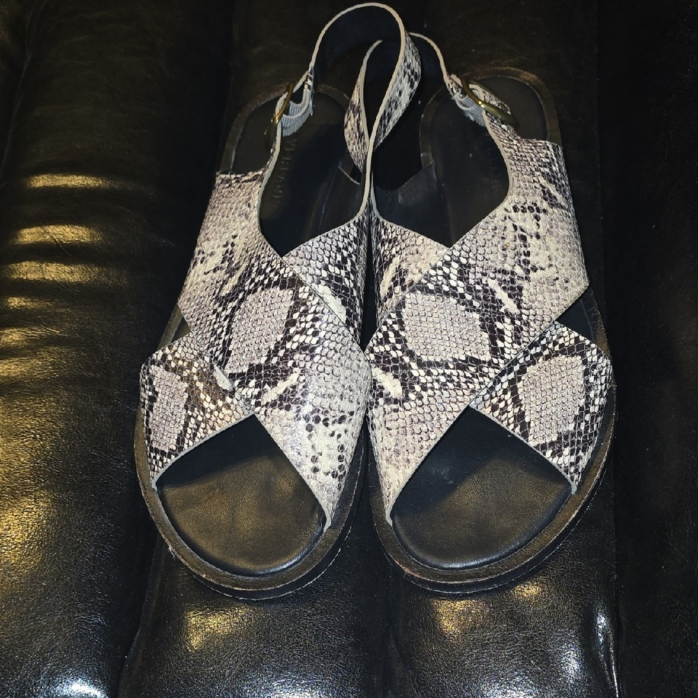 Everlane Tan and Black Sandals with Snakeskin Pattern